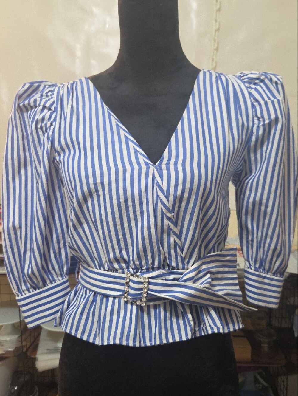 ZARA Blue and White Vertical-Striped Faux Wrap Blouse with Puff Sleeves - Medium